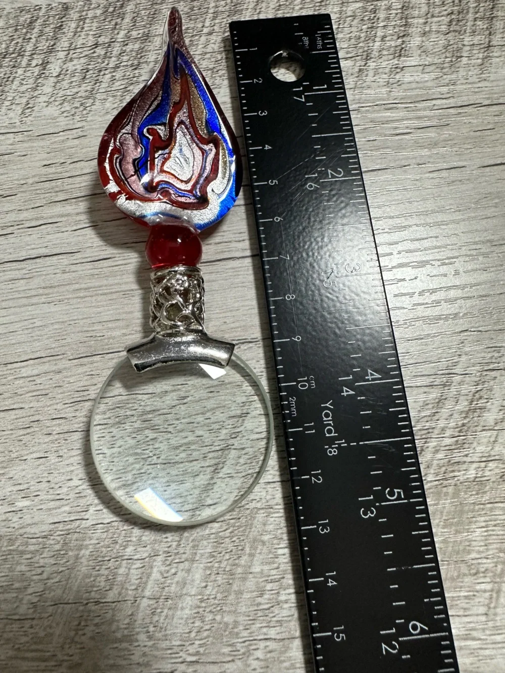 Vintage Pier 1 Blown Glass Magnifier Loupe~ Red, Blue, Silver Swirl - 5” in Box